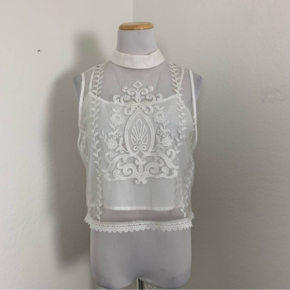 Forever 21 semi sheer mesh, high collar embroidered top